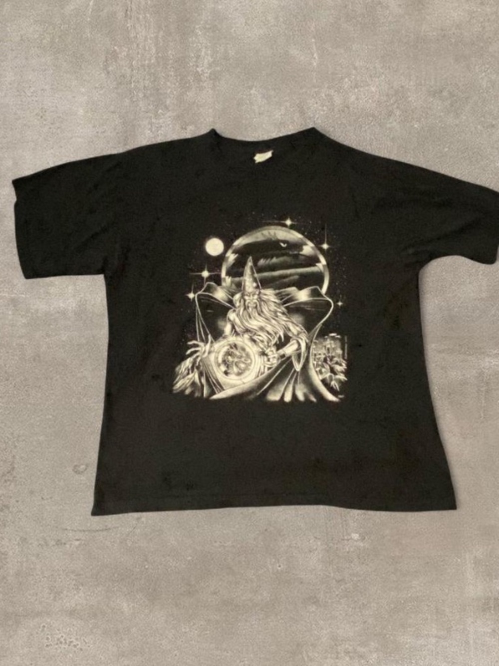 Vintage Black Short Sleeve Tee with White Wizard Graphic